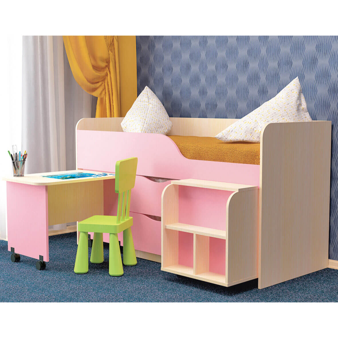 Кровать детская со столиком и лесенкой Гномик мол-пинк розовый