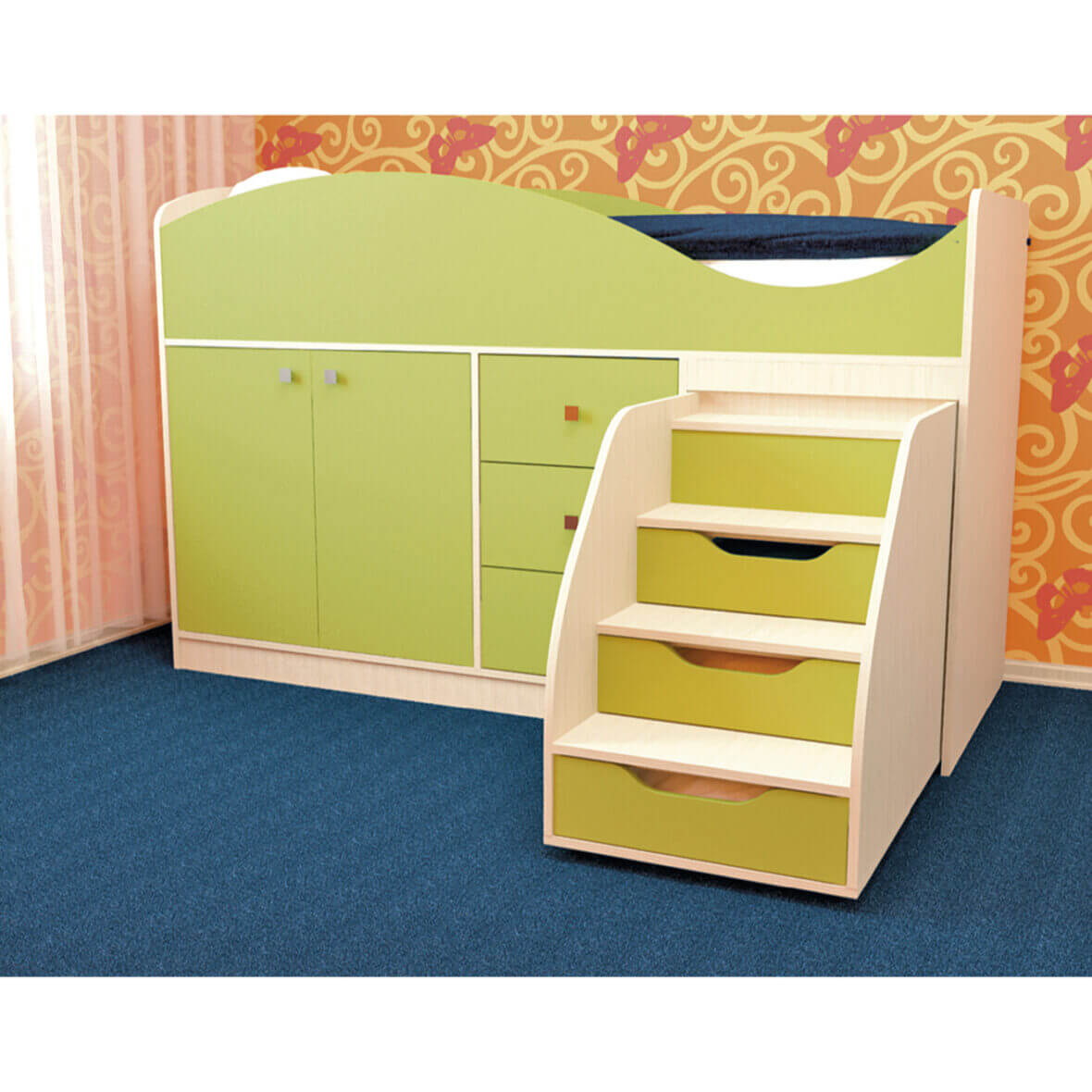 Кровать детская Стрелка с ящиками и шкафчиком мол-лайм зеленый