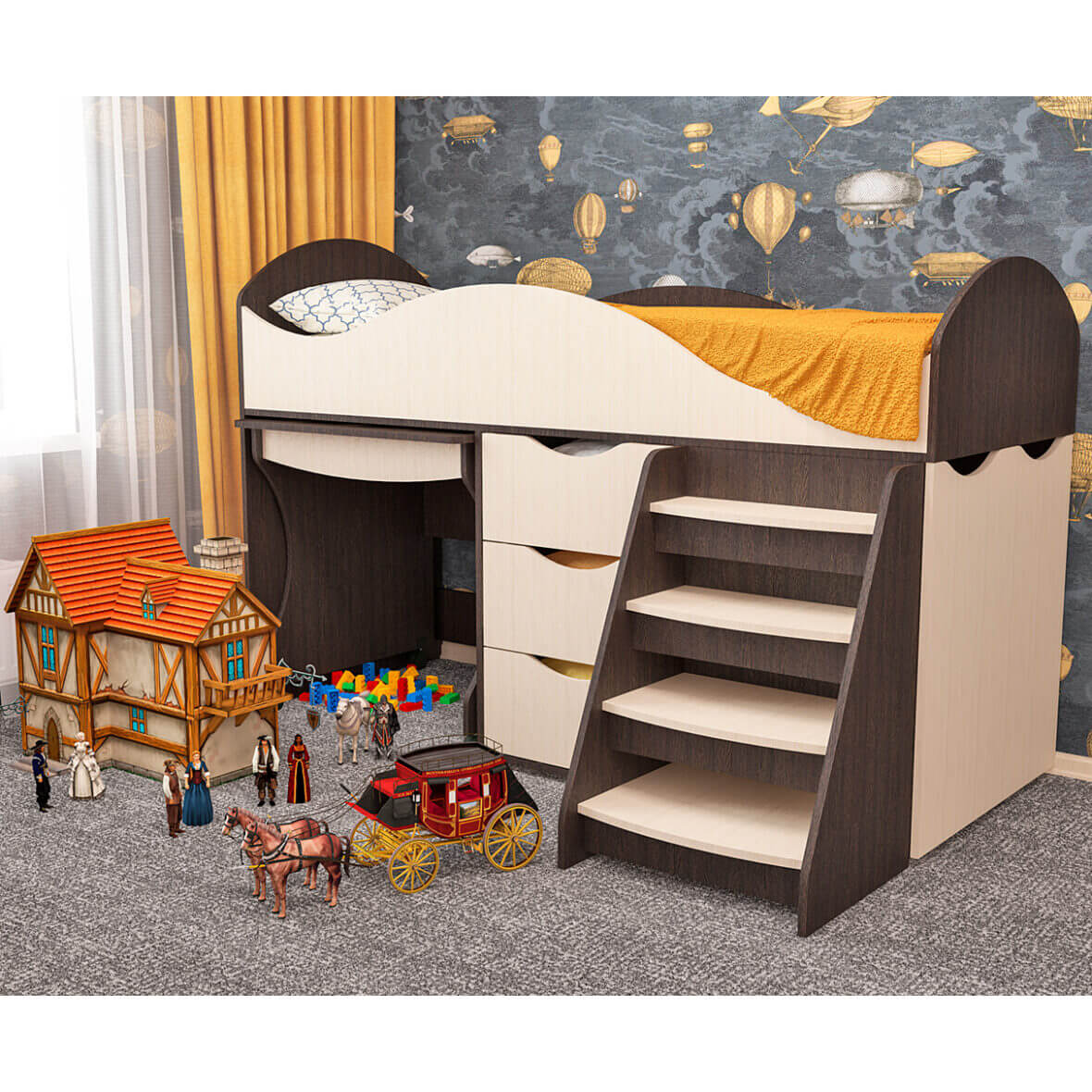 Кровать детская со столиком и ящиками Тошка венге-мол