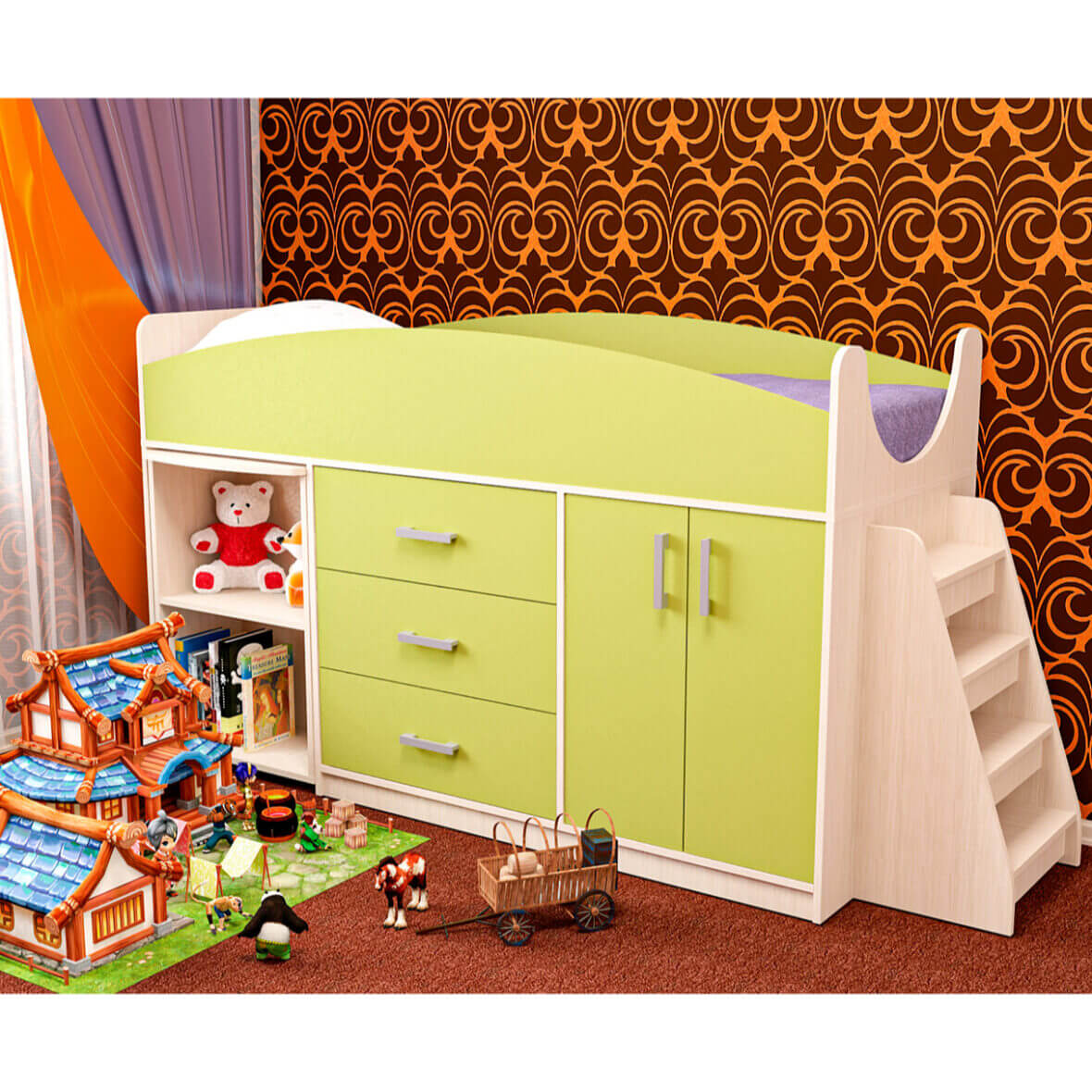 Кровать детская Рокси с лесенкой, столиком и шкафчиком мол-лайм зел