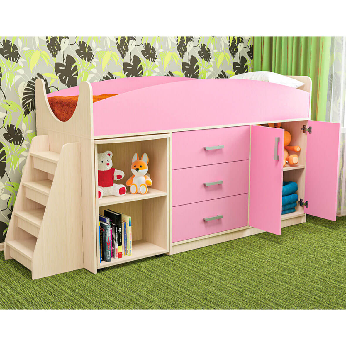 Кровать детская Рокси с лесенкой, столиком и шкафчиком мол-пинк роз