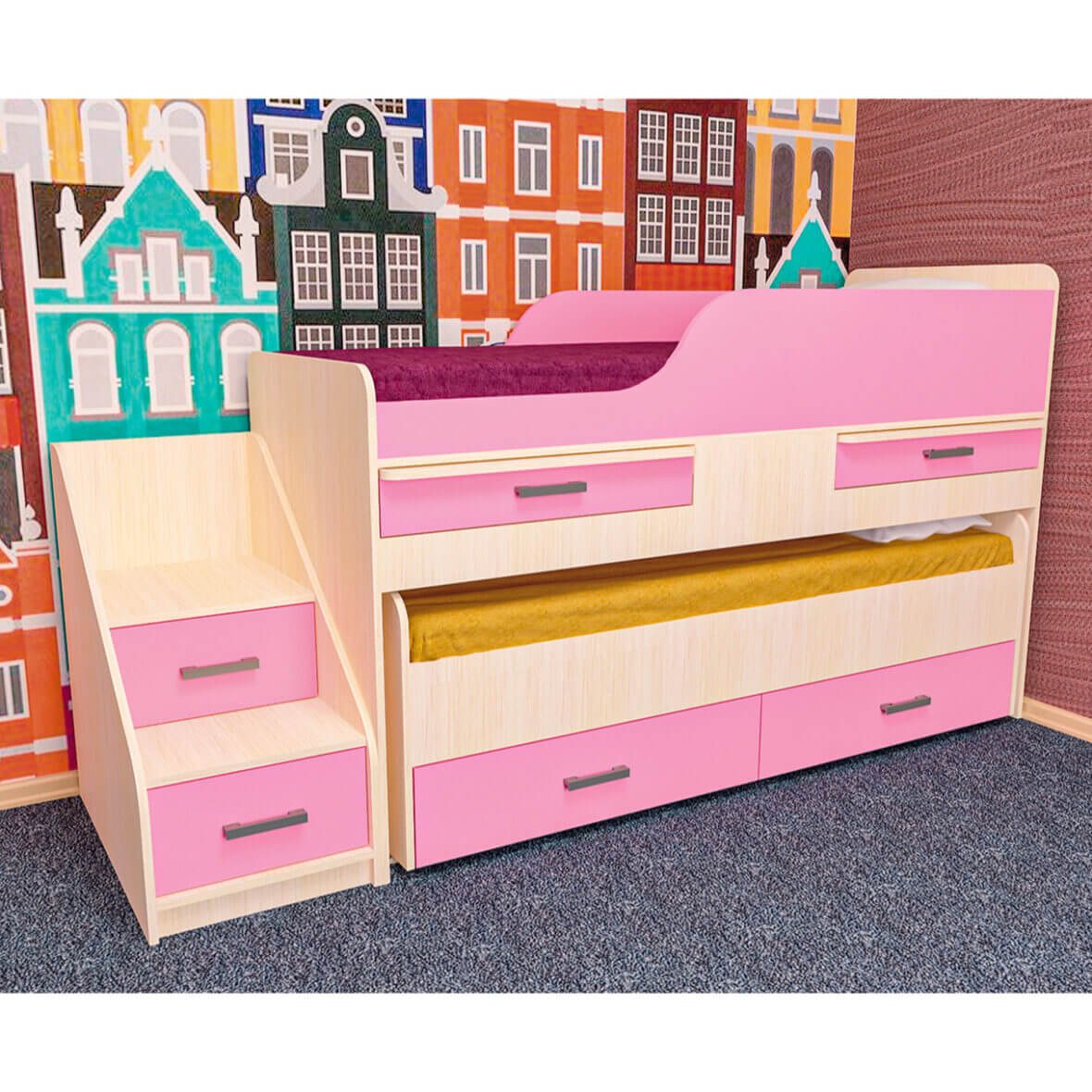 кровать двухместная выдвижная с лесенкой Лёсики мол-пинк розовый